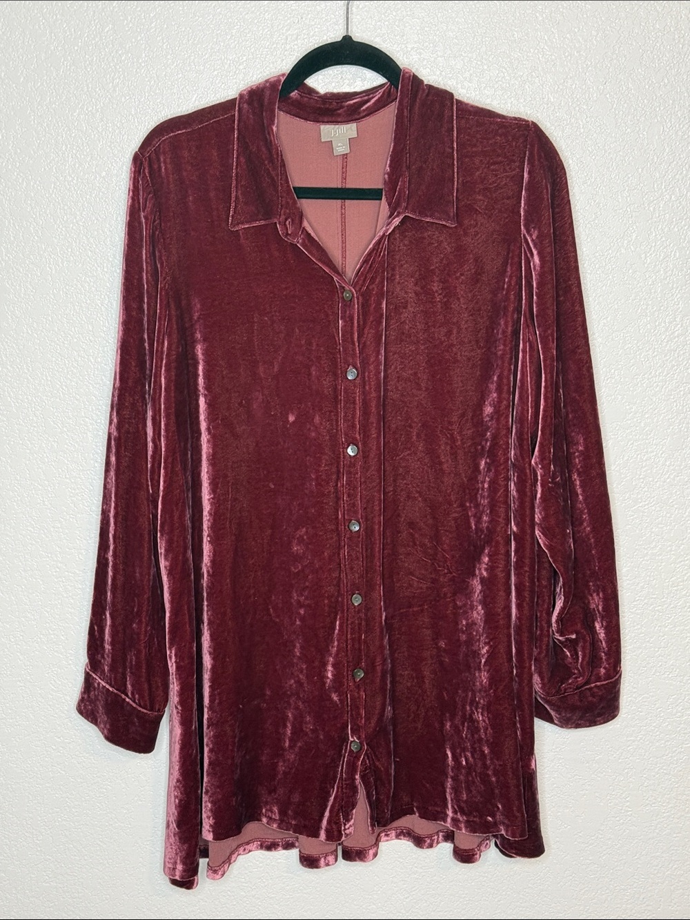 J. Jill Raspberry Long Silk Blend Crushed Velvet Button Down Shirt Size Large
